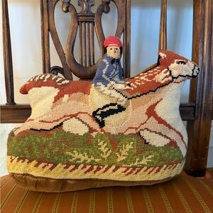Adorable Vintage Jockey Riding a Fox Needlepoint Pillow *sold*